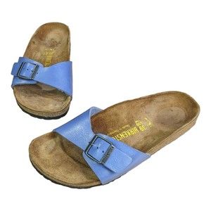 Birkenstock Madrid Sandals Womens 8.5 BS Blue Slides Patent Leather Slip On